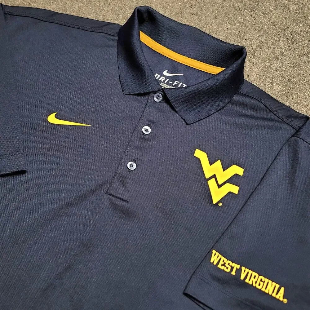 Nike West Virginia Mountaineers Shirt Mens Medium Navy Gold Dri Fit Golf Polo